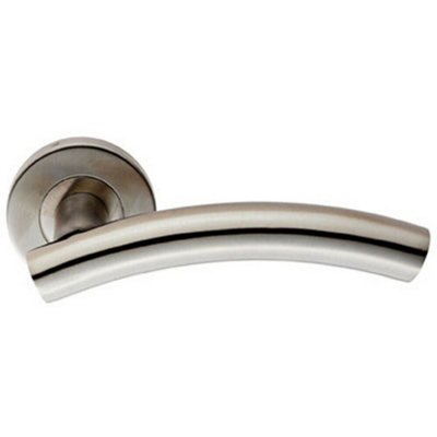  - Pair Arched Round Bar Handle On Round Rose Concealed Fix Satin Steel