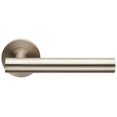  - Pair Straight Round T Bar Lever On Slim Round Rose Concealed Fix Satin Steel
