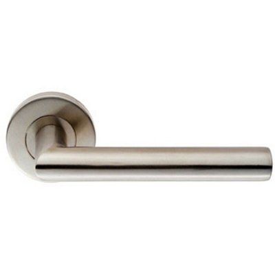 Pair Oval Shaped Mitred Bar Handle On Round Rose Concealed Fix Satin Steel from B&Q
