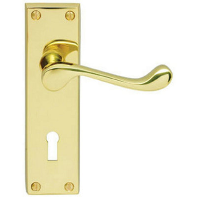  - Victorian Scroll Lever On Rectangular Lock Backplate 155 X 41mm Polished Brass