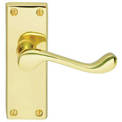 B&Q Pair Victorian Scroll Handle On Latch Backplate 120 X 41Mm Polished Brass