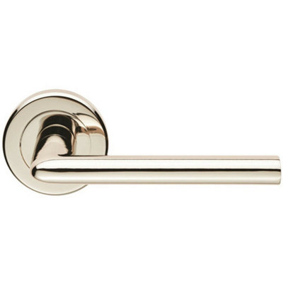  - Pair Slimline Straight Bar Lever On Round Rose Concealed Fix Polished Nickel