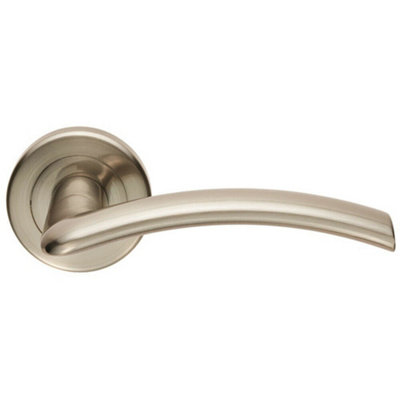  - Pair Flat Arched Style Handle On Round Rose Concealed Fix Satin Nickel