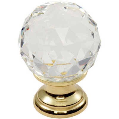 Loops Faceted Crystal Cupboard Door Knob 25mm Dia Polished Brass Cabinet Handle from B&Q