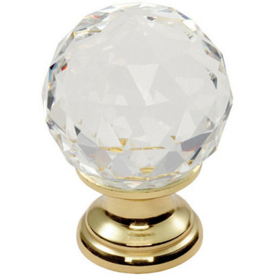 Loops Faceted Crystal Cupboard Door Knob 31Mm Dia Polished Brass Cabinet Handle