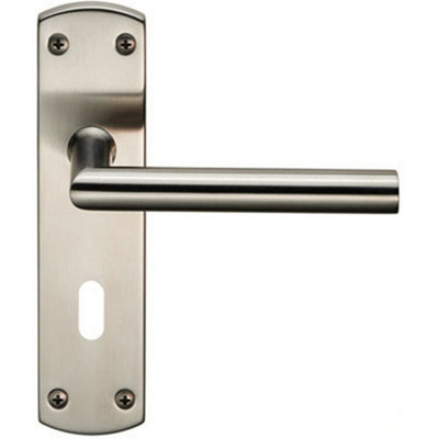  - Mitred Lever Door Handle On Lock Backplate 172 X 44mm Satin Stainless Steel