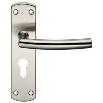 - Curved Bar Lever Door Handle On Euro Lock Backplate 172 X 44mm Satin Steel