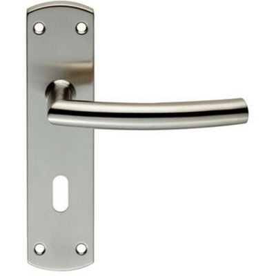  - Curved Bar Lever Door Handle On Lock Backplate 172 X 44mm Satin Steel