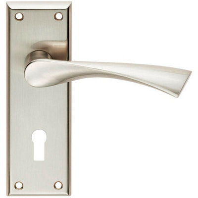  - Pair Angular Lever On Lock Backplate Door Handle 150 X 50mm Satin Nickel
