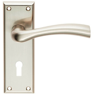 Chunky Curved Tapered Handle On Lock Backplate 150 X 50mm Satin Nickel from B&Q