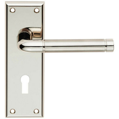  - Pair Round Bar Handle On Lock Backplate 150 X 50mm Polished & Satin Nickel
