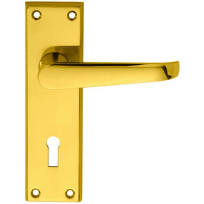  - Pair Straight Victorian Handle On Lock Backplate 150 X 43mm Polished Brass