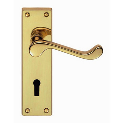  - Pair Victorian Scroll Handle On Lock Backplate 150 X 43mm Polished Brass