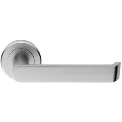  - Pair Flat Faced Lever On Round Rose Chamfered Edge Concealed Fix Satin Chrome