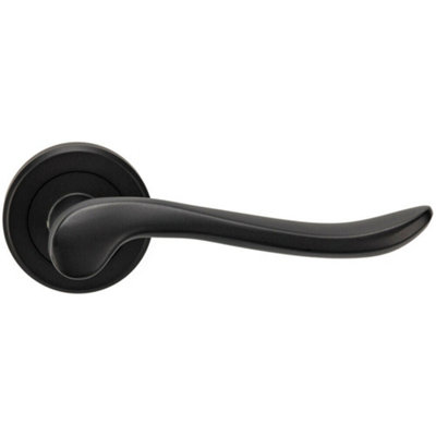  - Pair Scroll Shaped Lever Handle On Round Rose Concealed Fix Matt Black