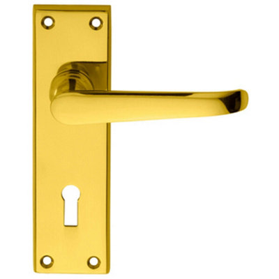  - Pair Straight Victorian Handles On Lock Backplate 150 X 42mm Polished Brass