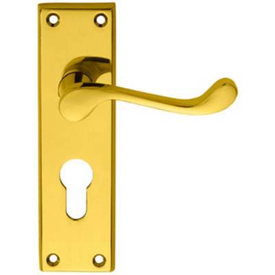  - Pair Victorian Scroll Lever On Euro Lock Backplate 150 X 43mm Polished Brass
