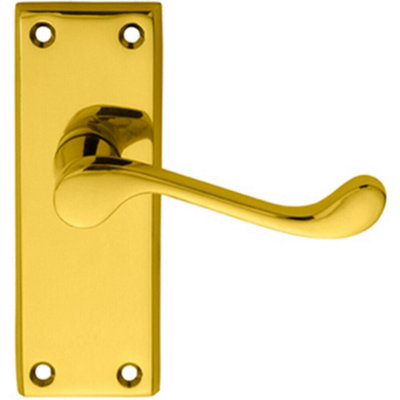  - Pair Victorian Scroll Lever On Short Latch Backplate 118 X 43mm Polished Brass