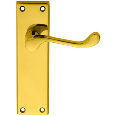  - Pair Victorian Scroll Lever On Sweedor Latch Backplate 150 X 43mm Polished Brass