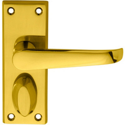  - Pair Straight Handle On Short Privacy Backplate 118 X 42mm Polished Brass