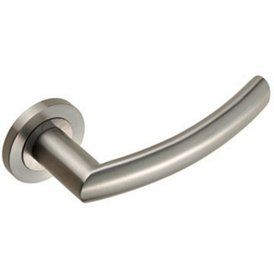  - Pair Curved Round Bar Handle On Round Rose Concealed Fix Satin Steel