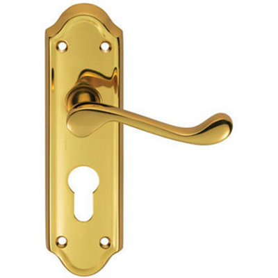 B&Q Pair Victorian Upturned Lever On Euro Lock Backplate 168 X 47Mm Polished Brass