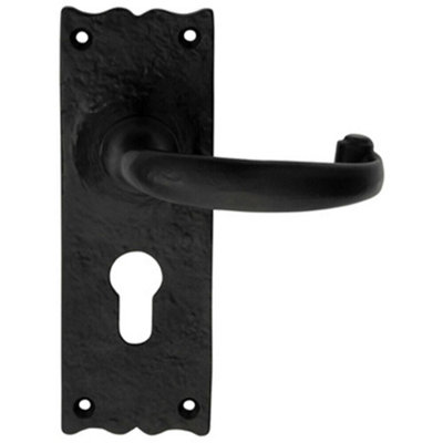  - Pair Forged Curved Lever Handle On Euro Lock Backplate 155 X 54mm Black Antique