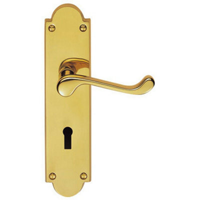  - Pair Victorian Scroll Handle On Lock Backplate 205 X 49mm Polished Brass
