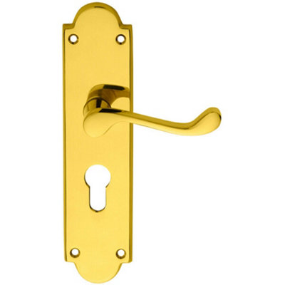  - Pair Victorian Scroll Lever On Euro Lock Backplate 205 X 49mm Polished Brass