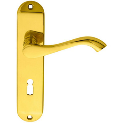 Pair Curved Handle On Chamfered Lock Backplate 180 X 40mm Polished Brass from B&Q