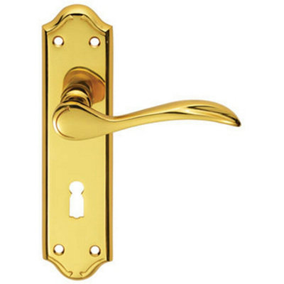  - Pair Curved Door Handle Lever On Lock Backplate 180 X 45mm Polished Brass