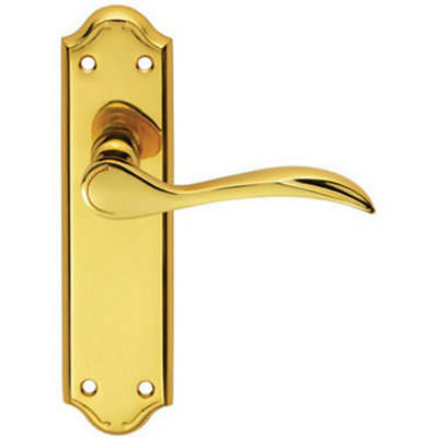  - Pair Curved Door Handle Lever On Latch Backplate 180 X 45mm Polished Brass