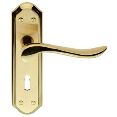 B&Q Pair Curved Lever On Sculpted Edge Backplate 180 X 48Mm Satin/Polished Brass