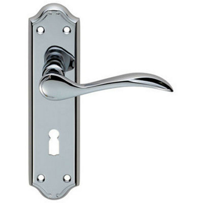  - Pair Curved Door Handle Lever On Lock Backplate 180 X 45mm Polished Chrome