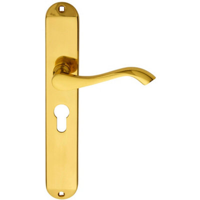 B&Q Pair Curved Lever On Long Slim Euro Lock Backplate 241 X 40Mm Polished Brass