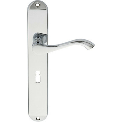  - Pair Curved Handle On Long Slim Lock Backplate 241 X 40mm Polished Chrome