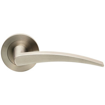  - Pair Slim Arched Flat Lever On Round Rose Concealed Fix Satin Stainless Steel