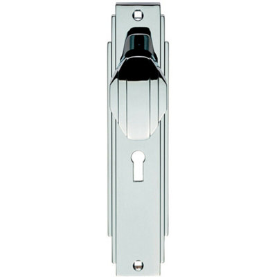  - Pair Line Detailed Door Knob On Lock Backplate 205 X 45mm Polished Chrome