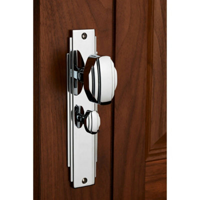  - Pair Line Detailed Door Knob On Bathroom Backplate 205 X 45mm Polished Chrome