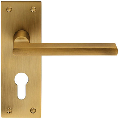  - Pair Straight Bar Lever On Slim Euro Lock Backplate 150 X 50mm Antique Brass