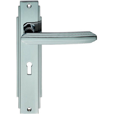 B&Q Pair Line Detailed Handle On Lock Backplate 205 X 45Mm Polished Chrome