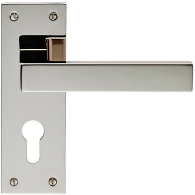 B&Q Pair Straight Square Lever On Euro Lock Backplate 150 X 50Mm Polished Nickel