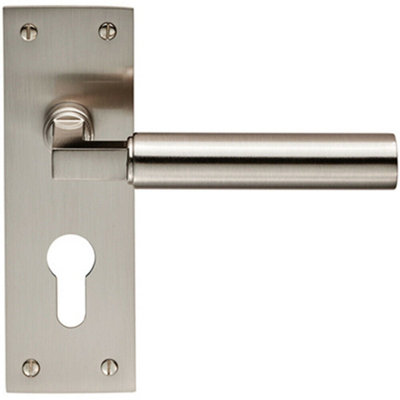  - Pair Round Bar Handle On Slim Euro Lock Backplate 150 X 50mm Satin Nickel