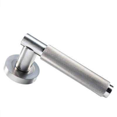 B&Q Pair Knurled Grip Round Bar Handle On Round Rose Concealed Fix Satin Nickel