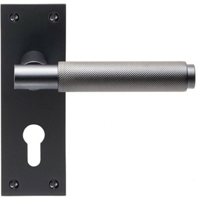  - Pair Knurled Round Handle On Slim Euro Lock Backplate 150 X 50mm Matt Black