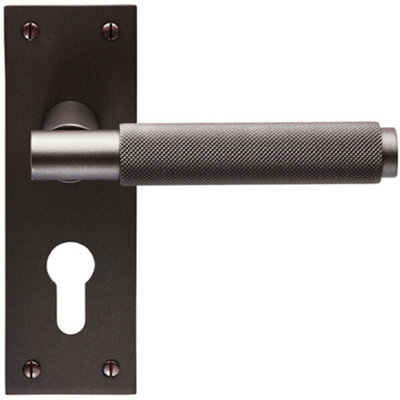  - Pair Knurled Round Handle On Slim Euro Lock Backplate 150 X 50mm Matt Bronze