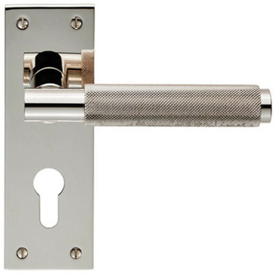  - Pair Knurled Round Lever On Slim Euro Lock Backplate 150 X 50mm Polished Nickel