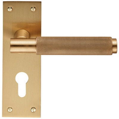  - Pair Knurled Round Handle On Slim Euro Lock Backplate 150 X 50mm Satin Brass