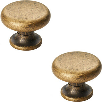 B&Q -  2X Flat Faced Round Door Knob 34mm Diameter Antique Brass Small Cabinet Handle
