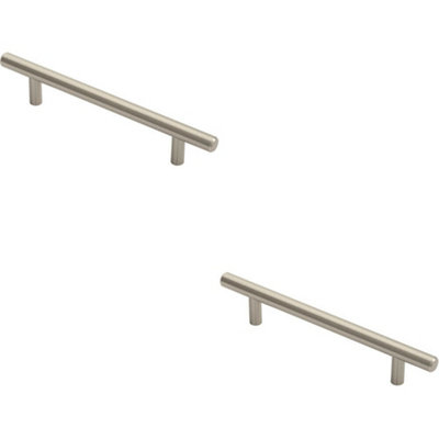 B&Q -  2X Round T Bar Cabinet Pull Handle 188 X 12mm 128mm Fixing Centres Satin Nickel
